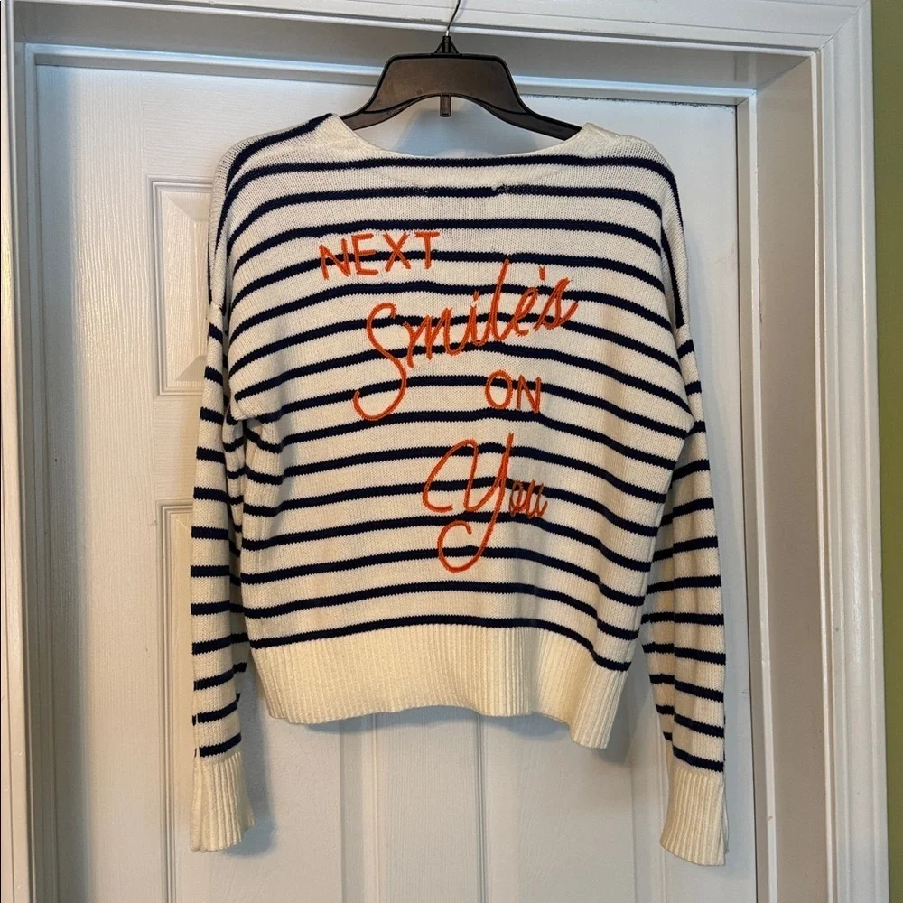 XO KR Kerri Rosenthal Navy White Stripe Sweater Orange Embroidery Cropped